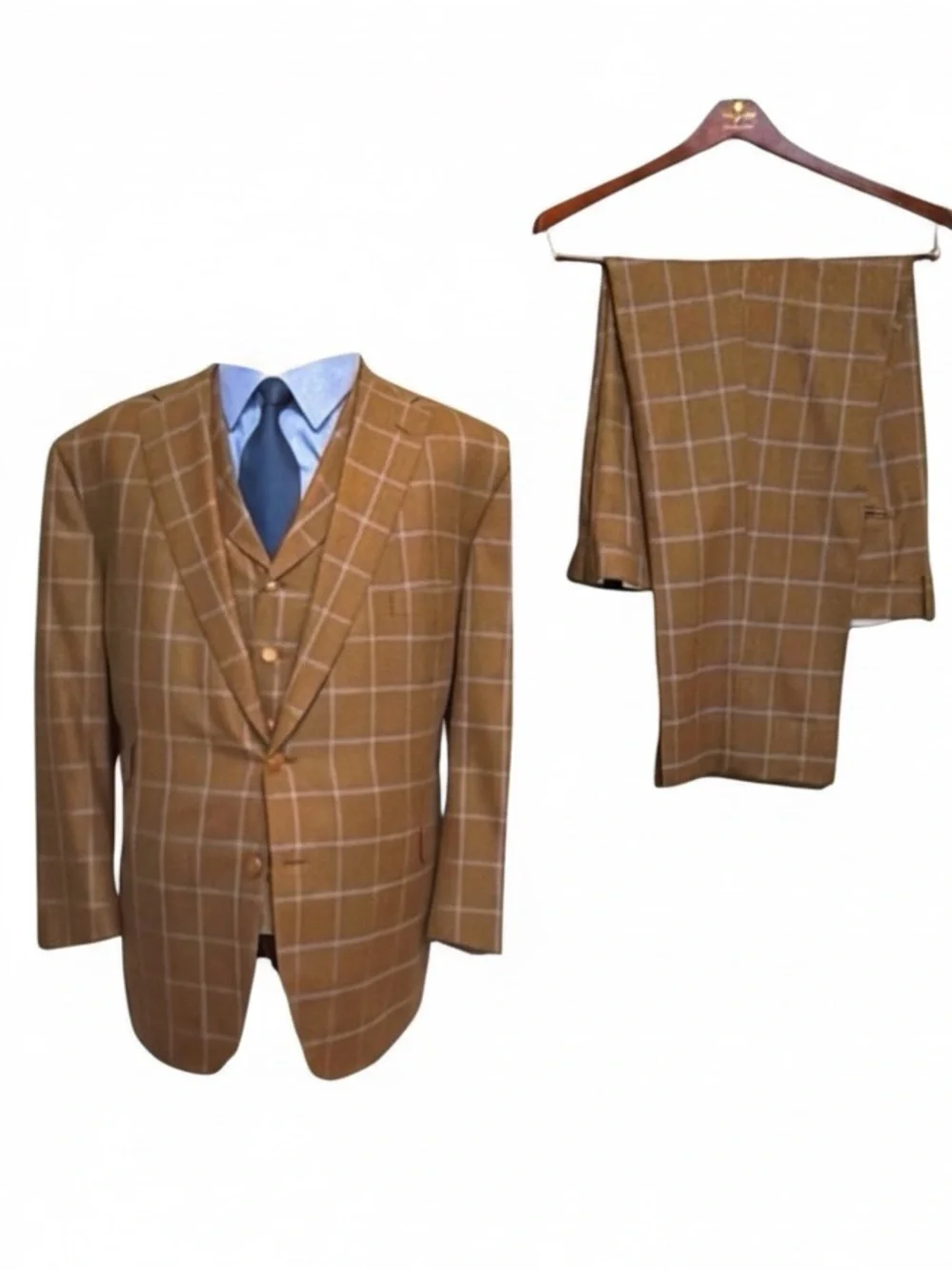 Tom James Custom 3-Piece Suit | Windowpane | Gold Buttons | Classic Tailored